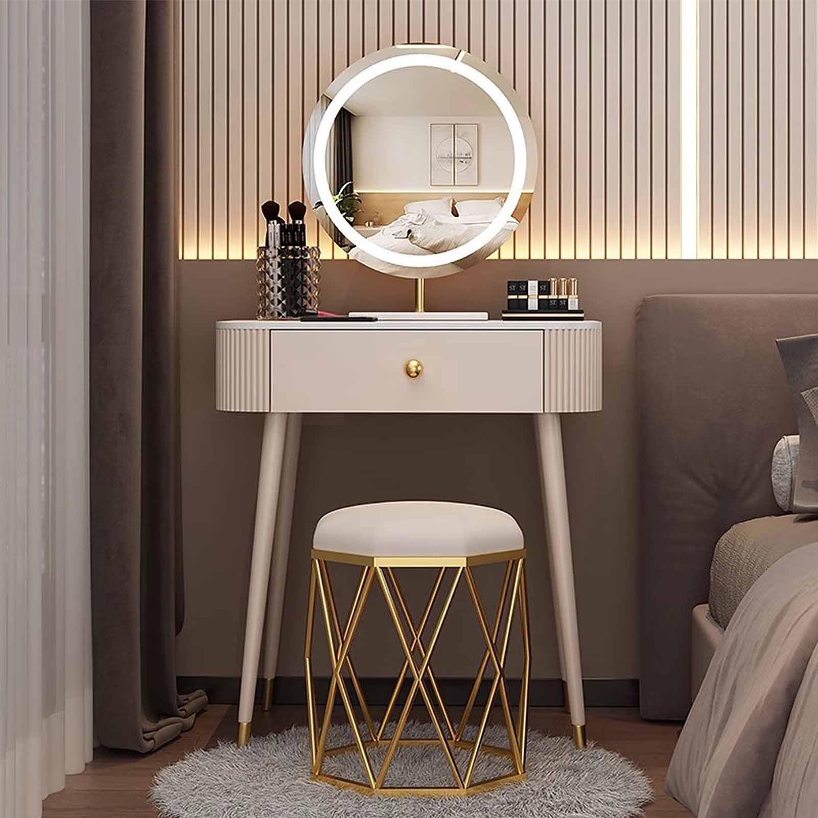 CGCSYZ Vanity Desk with Mirror & Lights 3 Lighting Modes Drawer Storage Cushion Stool for Bedroom Makeup Station Stylish & Functional 70cm Makeup Table(A-60cm)