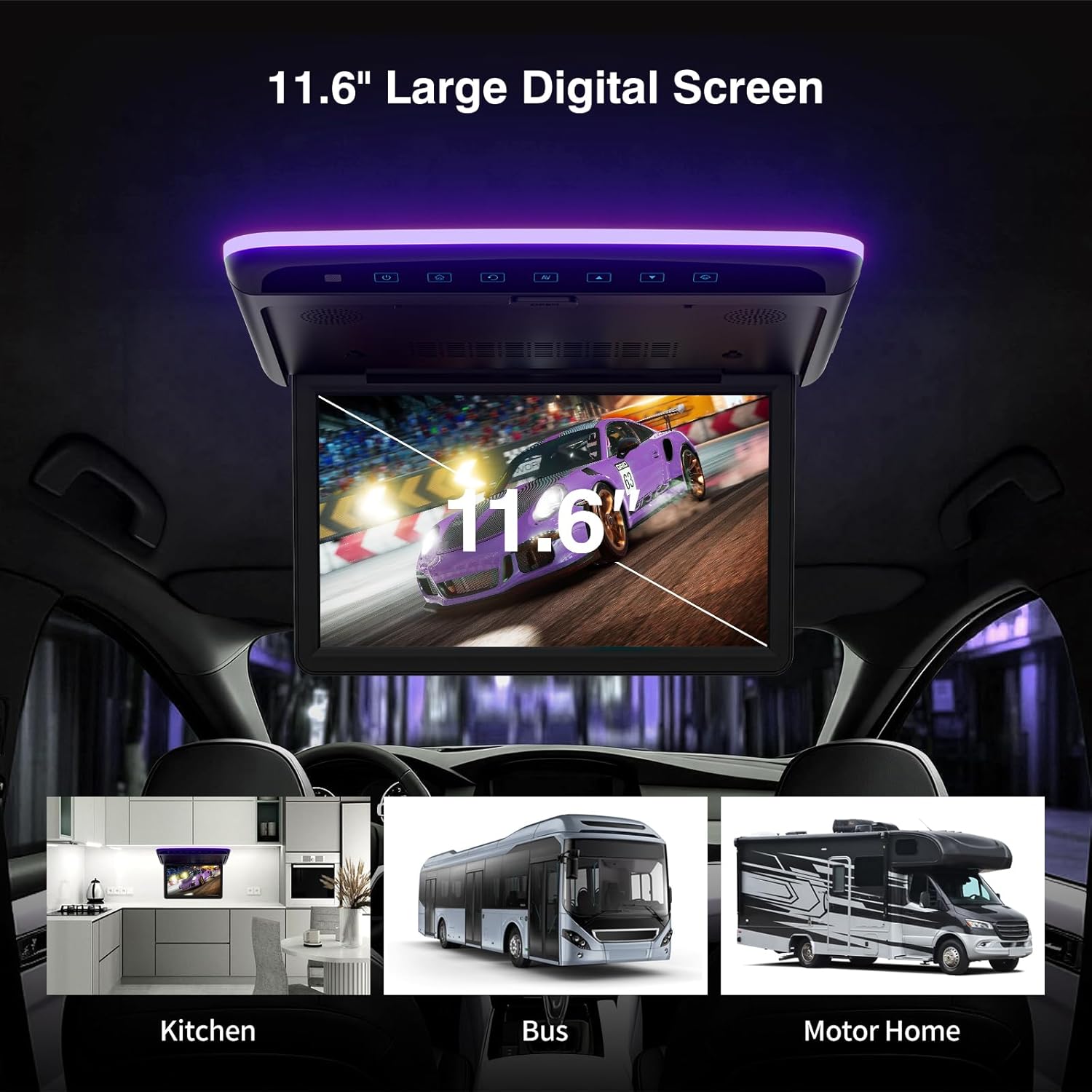 RicoRich 11.6 inch Car Overhead Player Monitor Display 1080P HD Digital TFT IPS Screen Video Ultra Thin Mounted Flip Down TV Car Roof Player with AV Input, HDMI, IR,TF,FM and USB (No DVD)
