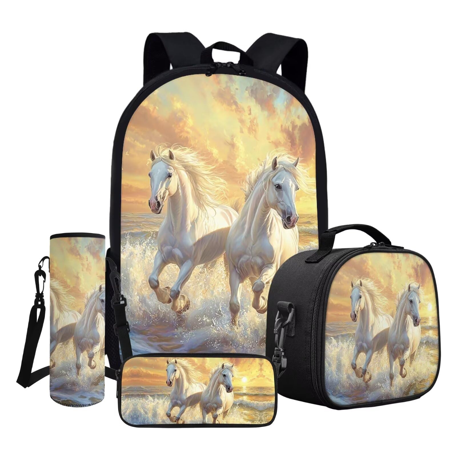 Juego de mochila escolar y bolsa de almuerzo para niños, con estuche para lápices, funda para botella de agua, Caballo blanco, Talla única
