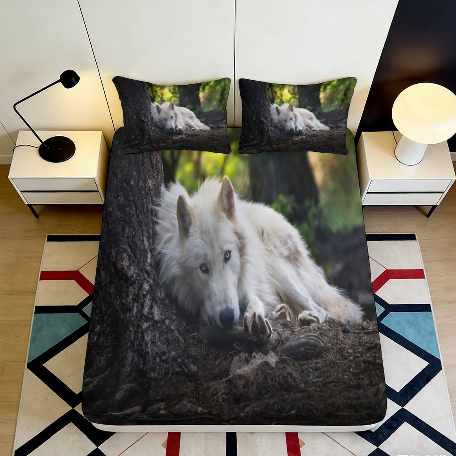 3D Printed Wolf Themed Fitted Sheet Microfiber Deep Pocket Non-Slip Wolf Mattress Fitted Cover for Bedroom Adult Teen 120x200x25cm