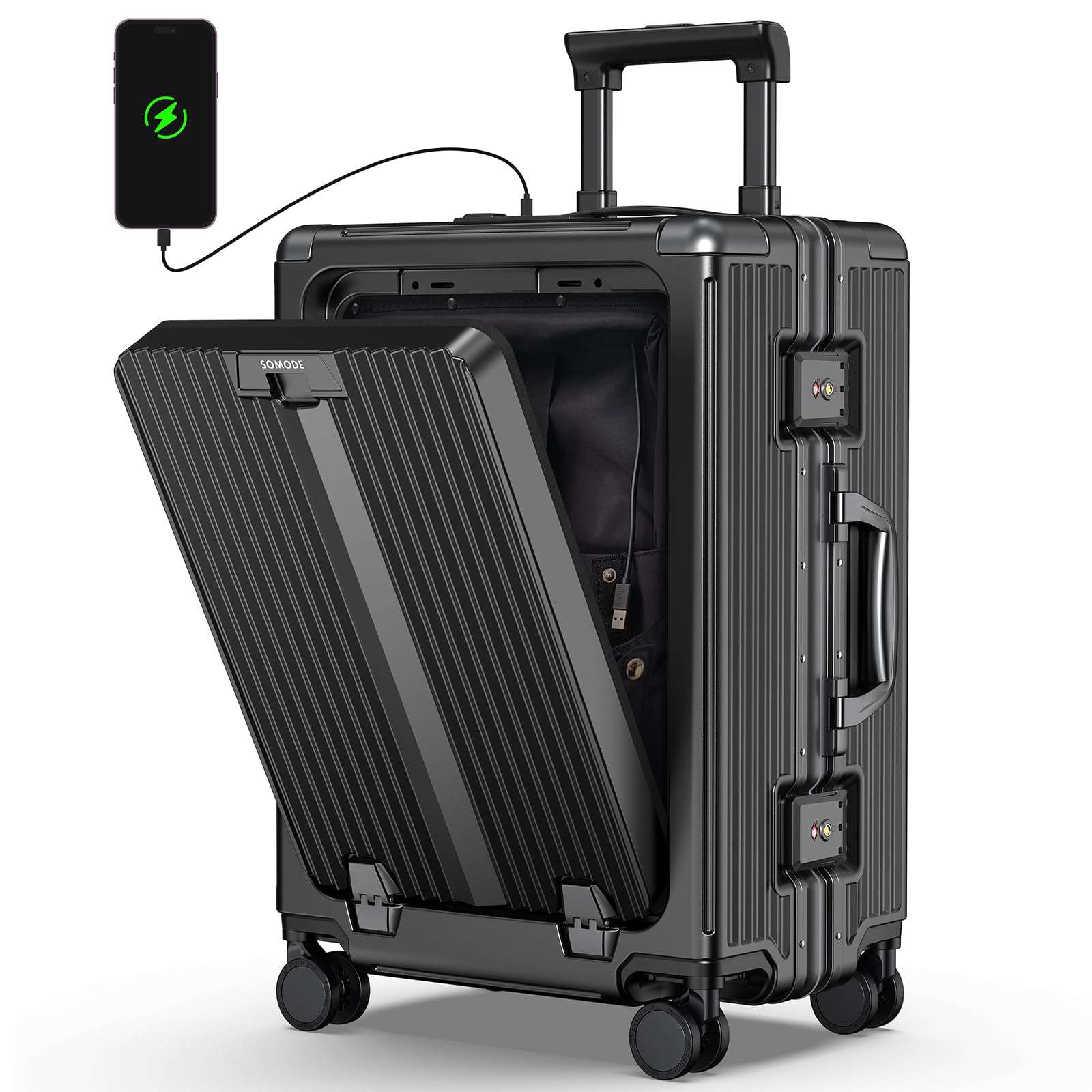 Portable Carry on Luggage with USB Port & Front Opening Door, Cover LSA Lock Protect Your Luggage, A Practical Suitcase.(01-black)