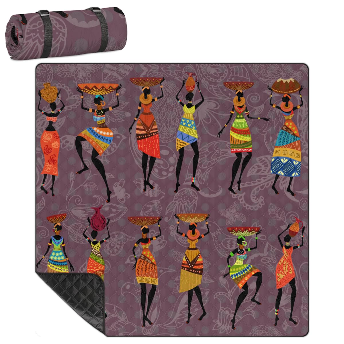 Shimoshe Extra Large Picnic Blankets 79”x 79”, African Women Waterproof Foldable Picnic Mat with Straps Portable Beach Blanket for Camping Park Grass Beach Indoor