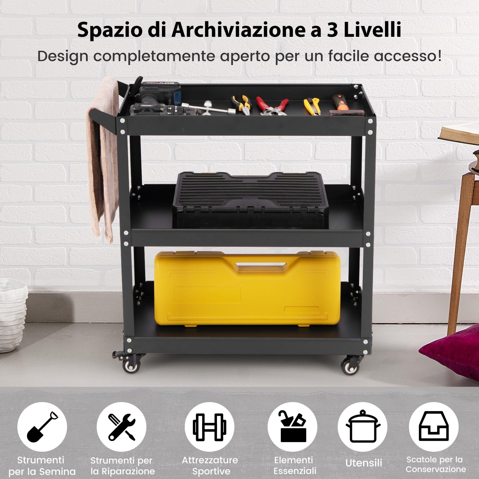 GYMAX Carrello Multiuso Robusto a 3 Ripiani con Maniglia Comoda, Ruote Bloccabili per Magazzino, Garage, Cucina, Officina (Nero)