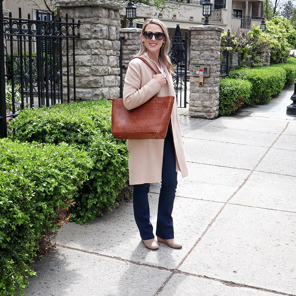 Large Leather Tote Bag for Women - Premium Quality Woven Leather Handbag with Superior Zipper Closure & 2 Pockets2