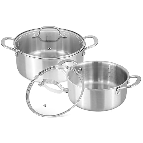 Stainless Steel Casserole Dish with Lid – Induction Hob Cooking Pots Set – Non Stick Dutch Oven – 20cm 2.7L & 24cm 4.3L (2 Pots + 2 Glass Lids) – by Nuovva - 4pcs Casserole set
