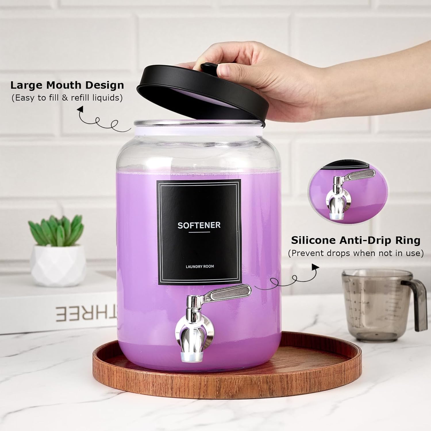 Glass Laundry Detergent Dispenser with Bamboo Shelf, 108oz Liquid Dispensers with Stainless Steel Tap, Large Reusable Softener Soap Containers with Stand for Washer Room Organization