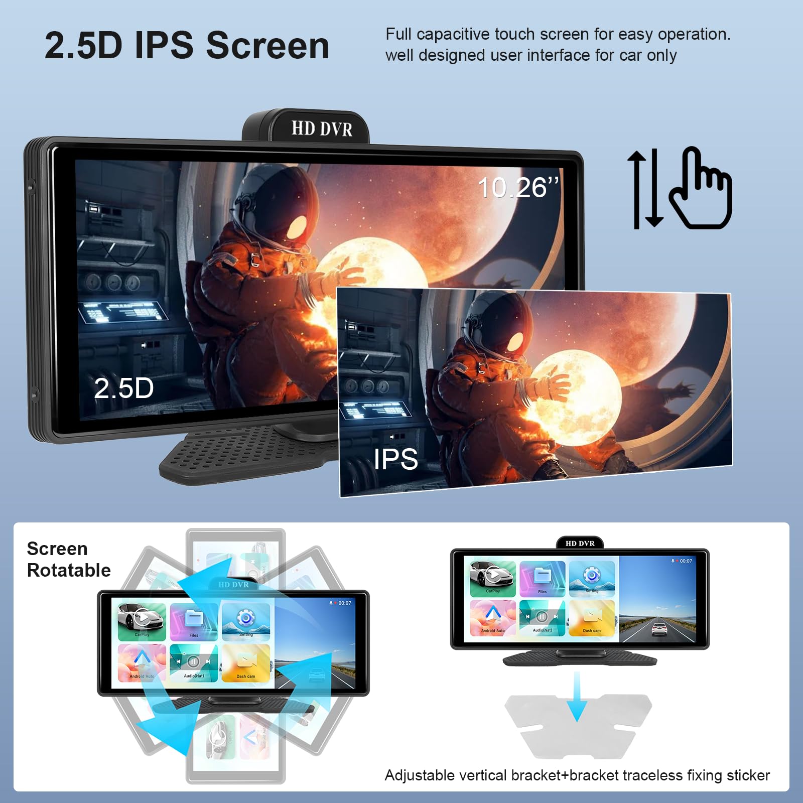 Hodozzy Autoradio Portable Dashcam Voiture sans Fil Carplay Android Auto, écran Tactile IPS 10,26 Pouces Display Carplay Moniteur Enregistrement, Bluetooth, Mirrorlink, émetteur FM Radio AUX 64GB TF