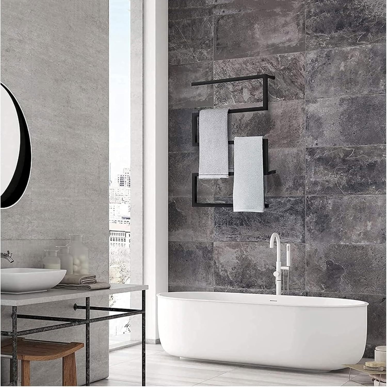 Scaldasalviette Elettrico a 5 Bar, Portasciugamani Tenete Asciugamani e Teli da Bagno Asciutti e Caldi a Parete con Termostato Timer e Temperatura Regolabile, 600x800m (Nero, Pulsante)