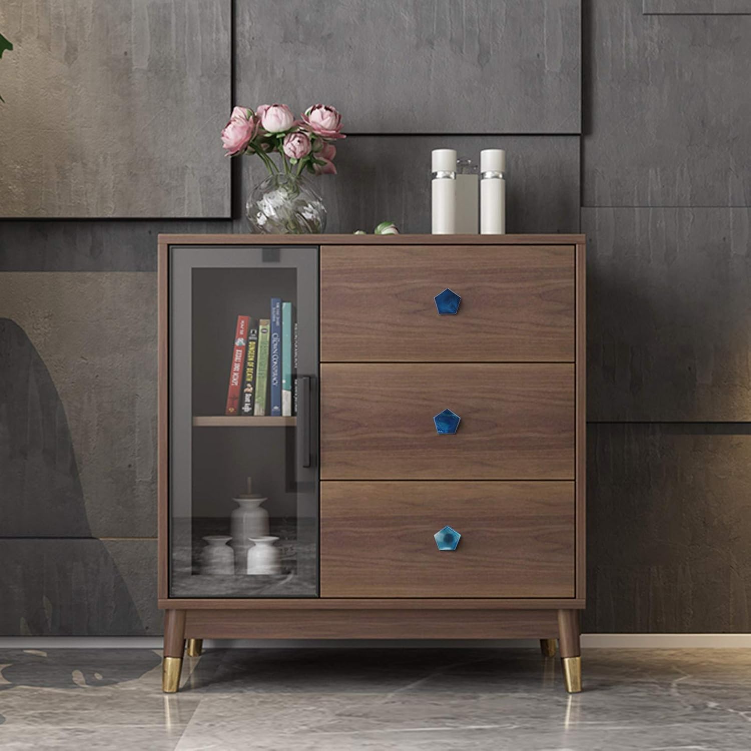 Amogeeli 4Pcs Crystal Agate Brass Cabinet Knobs with Screws, Decorative Pull Handles for Drawer Dresser