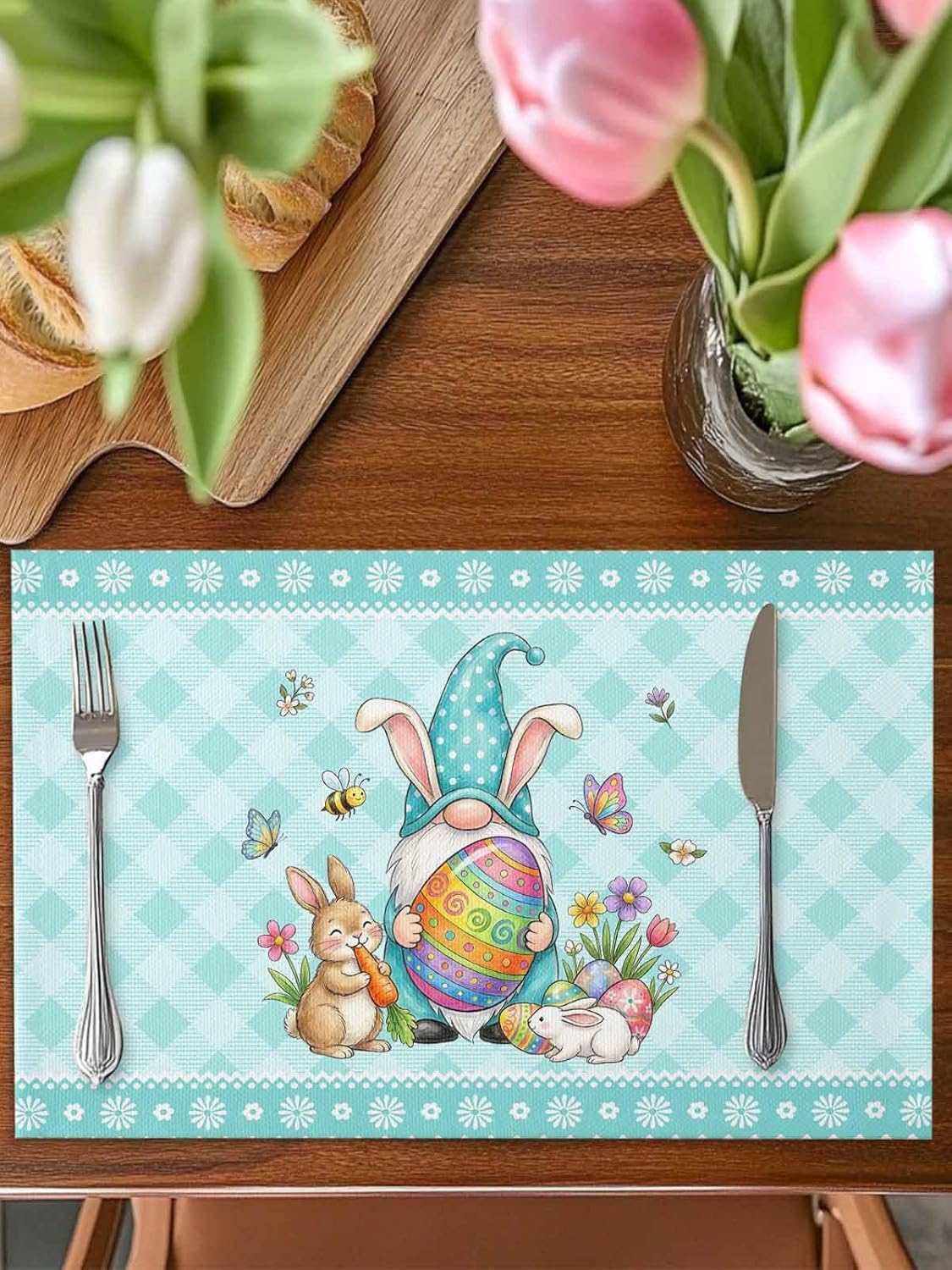 Easter Placemats, Set of 6 Anti-Skid Table Mats, Washable Placemats for Kitchen Dining Table Decoration 19x13 Inch - Cute Gnomes Rabbits Colored Eggs Blue