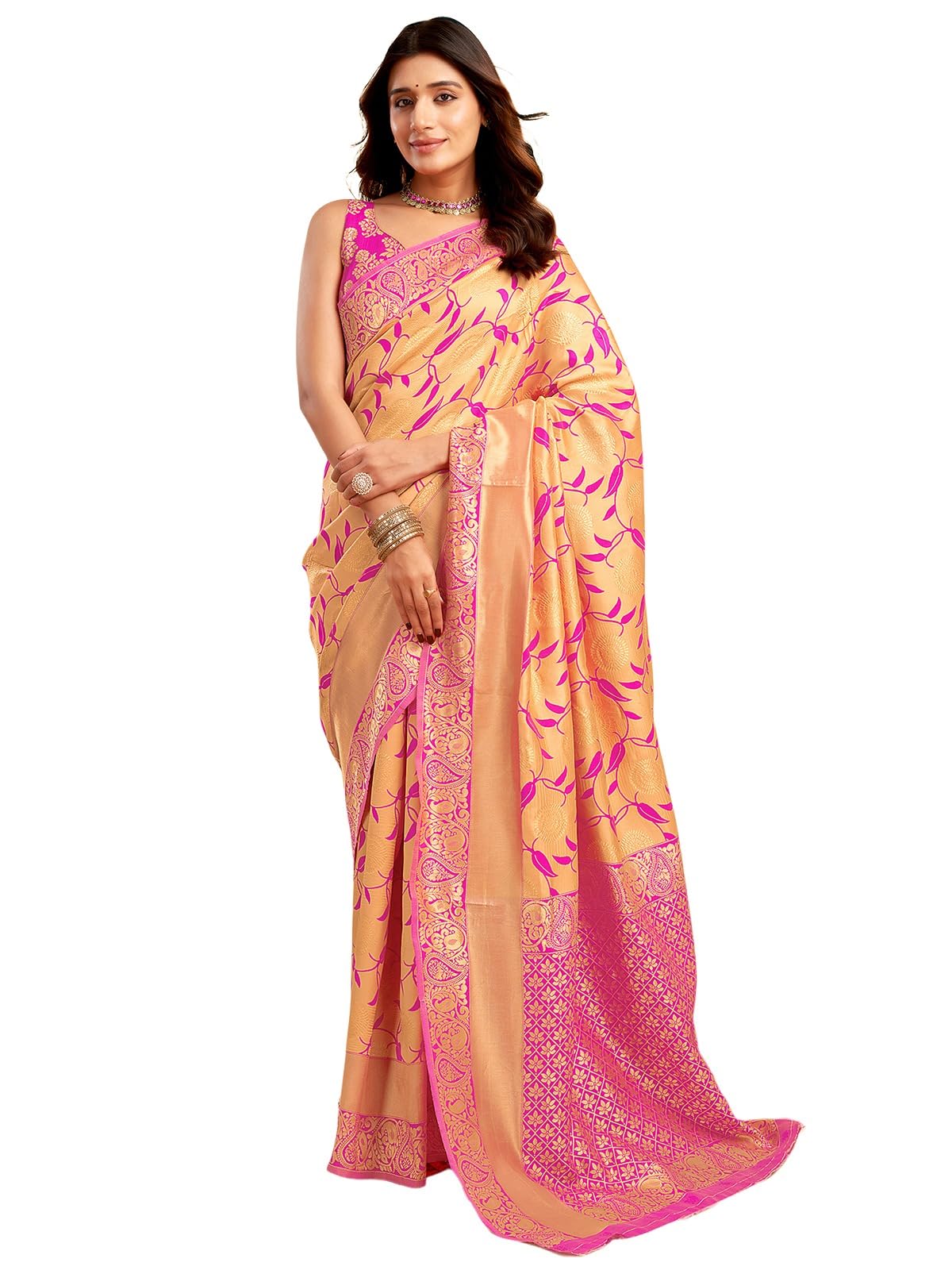 Satrani Women's Jacquard Silk Blend Saree (3993S611N_Light Orange & Magenta)