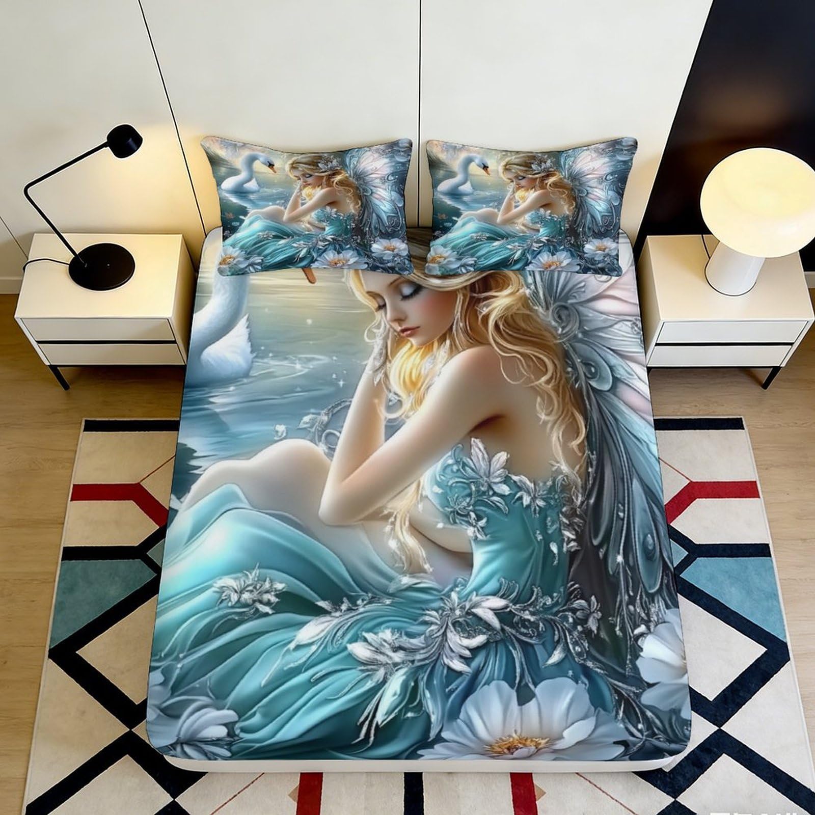 Jqzkxnhpbr Style-8 3D Printed Fantasy Fairy Fitted Sheet Microfiber Blue Dreamy Bed Cover For Bedroom Dorm Mattress Protection Decor 90X200x25cm