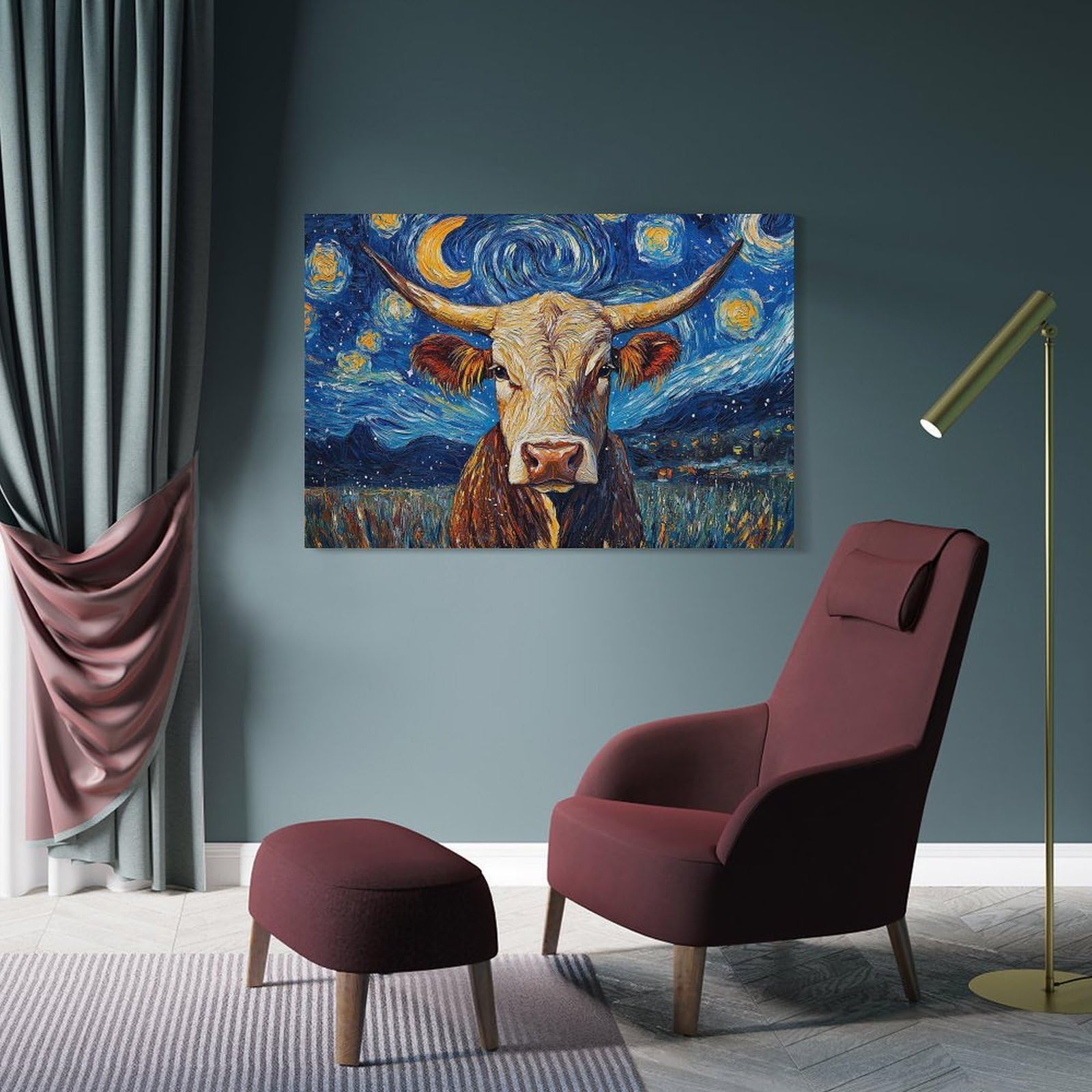 Junmoney Frame-Style-20 Cow Under Starry Night Canvas Wall Decor, 08X12inch(20X30cm), For Wall Displays, Bedrooms Or Room Updates, Wall Decor Suited To Curated Displays
