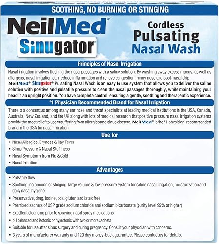 Miniatura 4 de NeilMed Sinugator Irrigador nasal pulsante inalámbrico (doble velocidad) con 30 paquetes premezclados y 3 pilas AA, color negro (paquete de 1)
