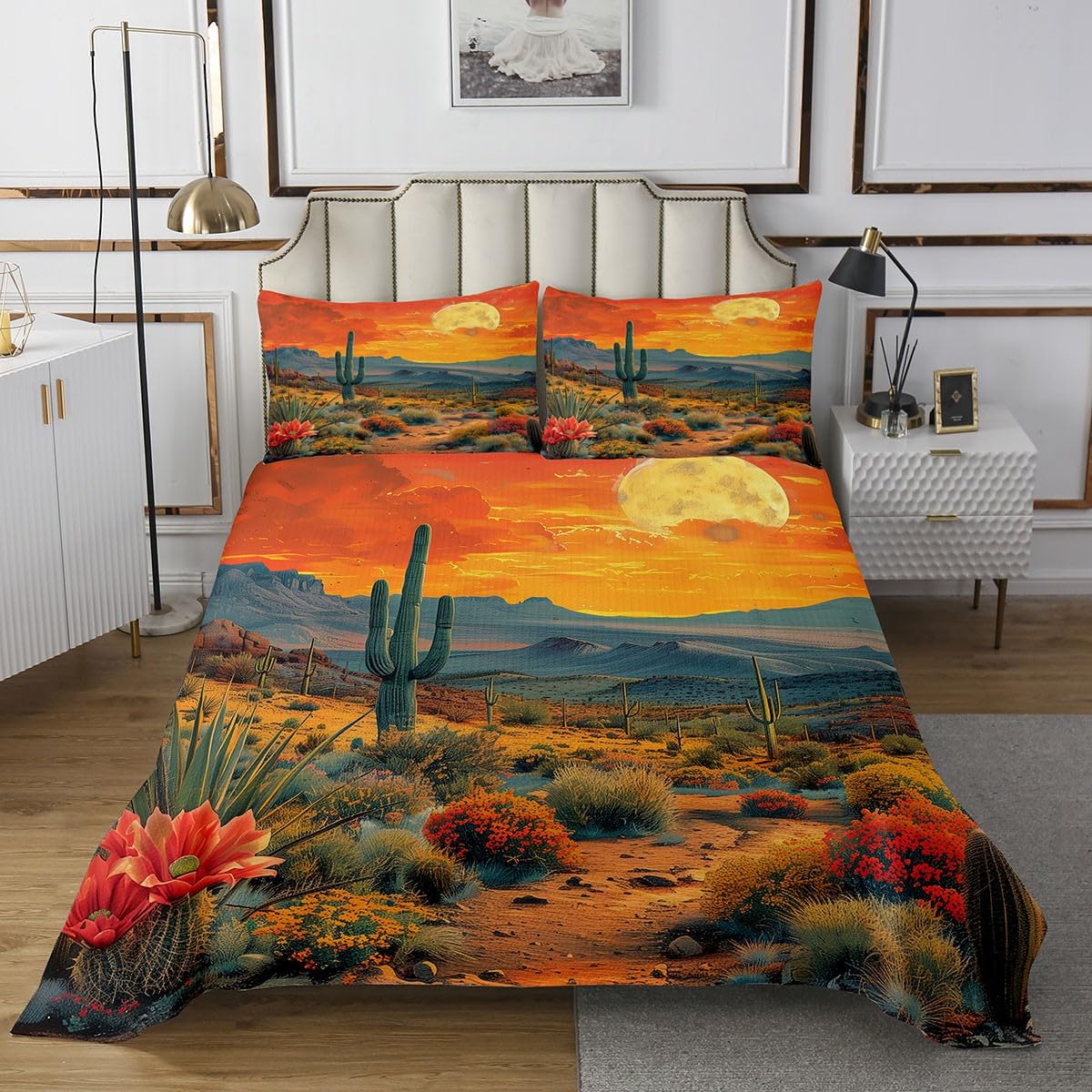 Erosebridal Sunset Cactus Quilt Set, Rustic Desert Plants Bedspread Set King Size, Petals Flowers Coverlet Set, Retro Soft Luxury Bed Set for Kids Teens (1 Bedspread + 2 Pillowcases)