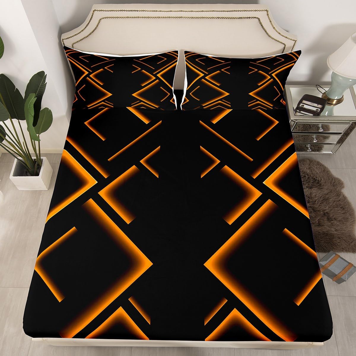 jejeloiu Geometric Abstract Ombre Bed Sheets Set Kids Twin Size Black and Orange Striped Bedding Set for Boys Girls Teens Modern Simple Fashion Art Fitted Sheet Room Decor