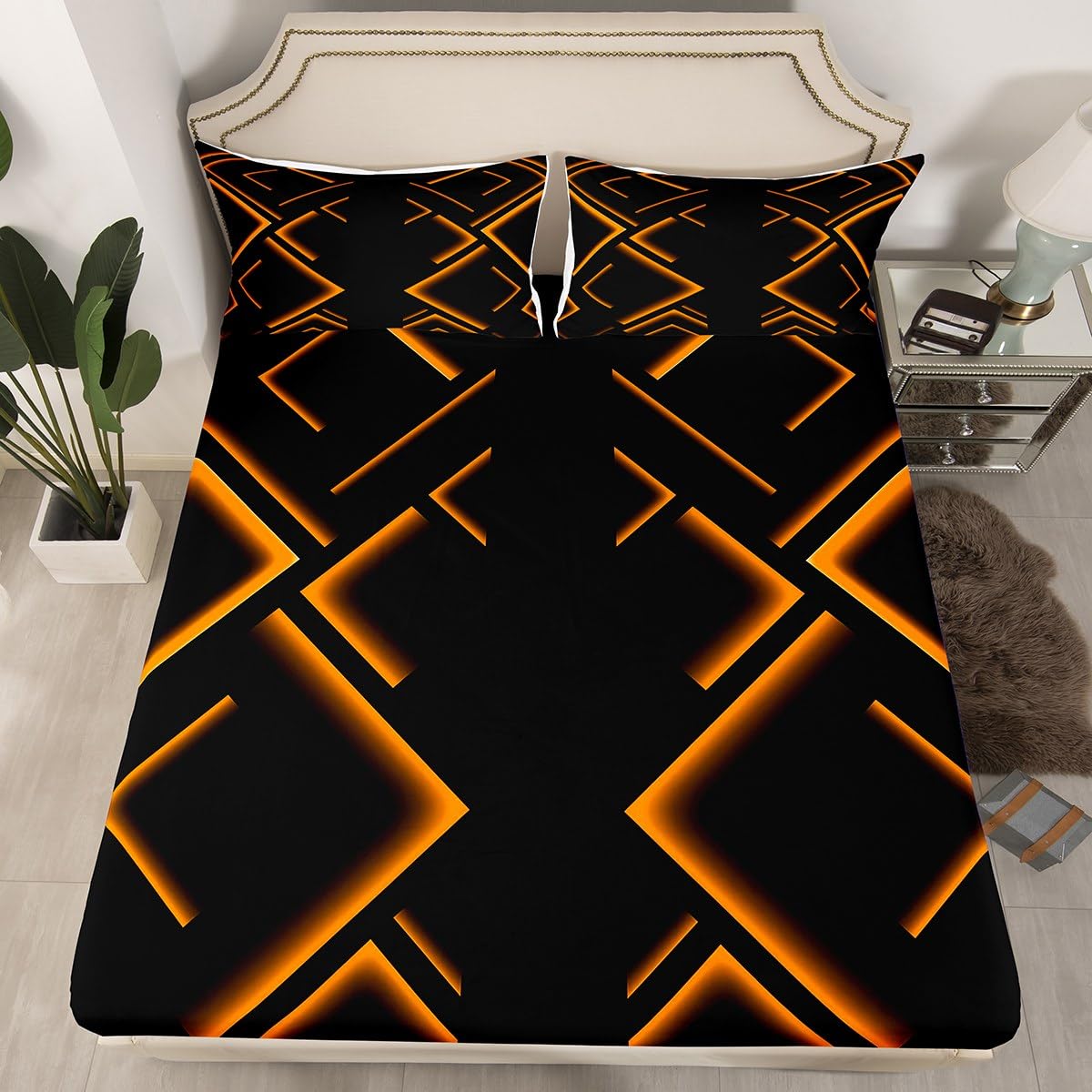 jejeloiu Geometric Abstract Ombre Bed Sheets Set Kids Twin Size Black and Orange Striped Bedding Set for Boys Girls Teens Modern Simple Fashion Art Fitted Sheet Room Decor