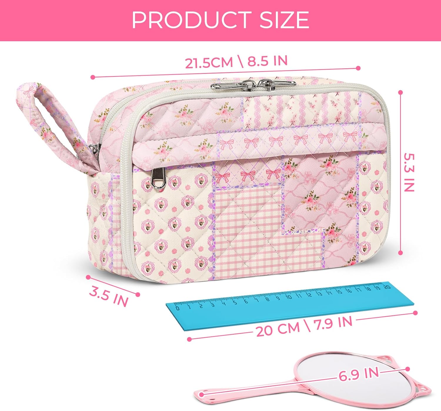 Quilted Pencil Pouch for Girls Women, Large Pencil Case Pouch with Compartments Cute Aesthetic Pencil Case Organizer, Floral Pencil Bag for School Supplies (pink pin) - Image 3