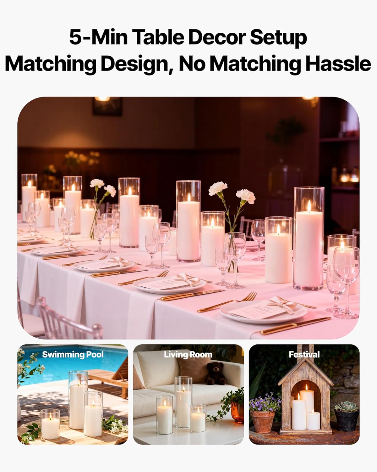 VEVOR Pillar Candles and Glass Vases Set 36 Pcs, Clear Cylinder Hurricane Candle Holders for Wedding Centerpieces, Tall Vase for Table Decor, Wedding Party, Thanksgiving, White (3.4" x 4.7",7.1",9.8")