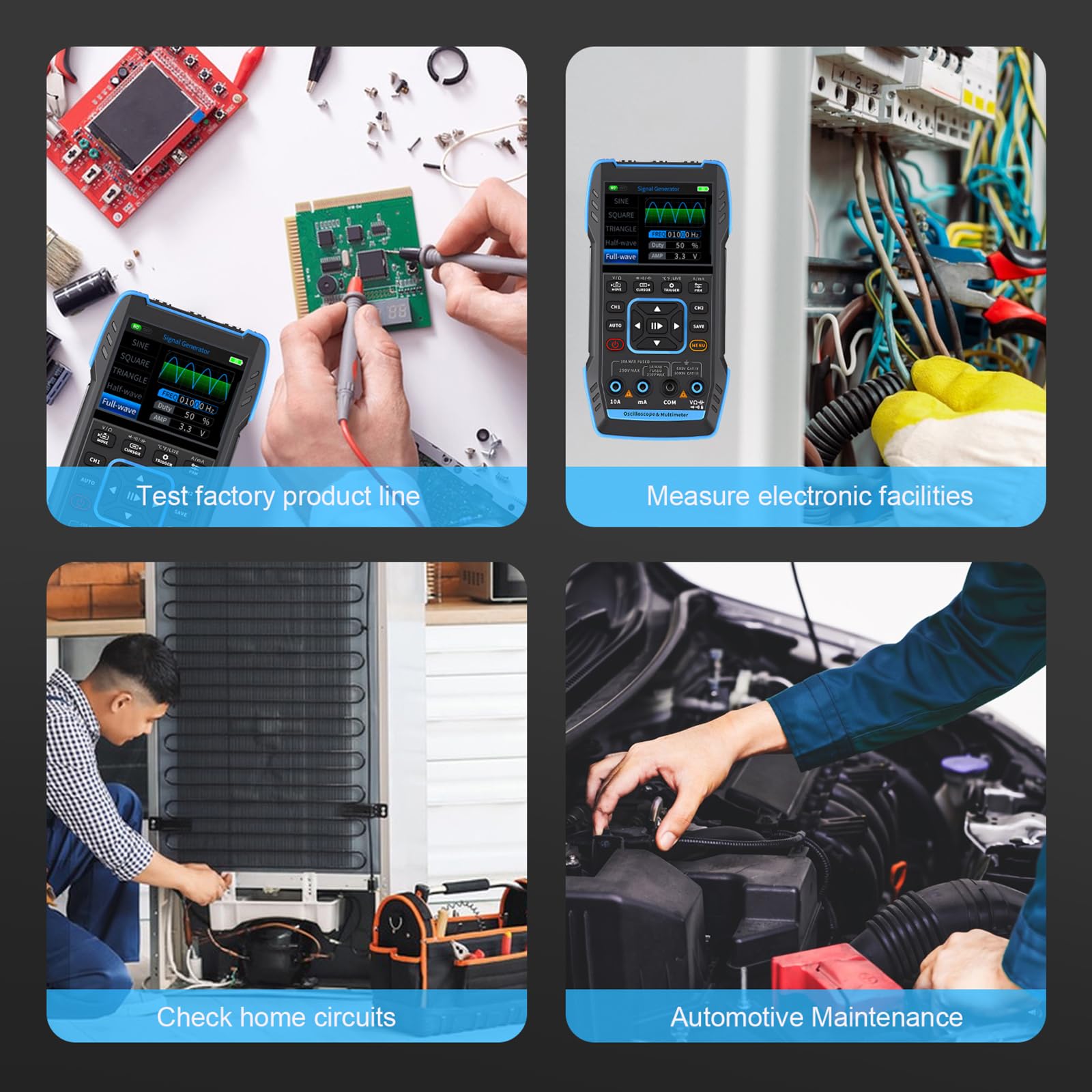 Kethvoz Digital Oscilloscope 2 Channel mit Auto Kalibrierung, 3 in 1 Oszilloskop 9999 Zählungen Handheld Multimeter Signalgenerator 10MHz Bandbreite 50MSa/s Abtastrate for DC/AC Spannung Strom Test