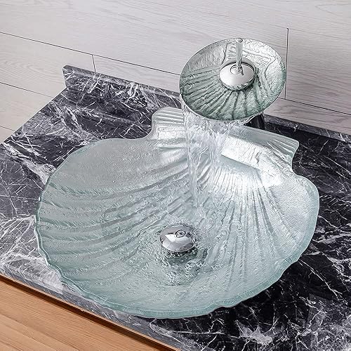 Lovedima Crystal Glass Vessel Sink,Transparent Shell Shaped Bathroom Vanity Wash