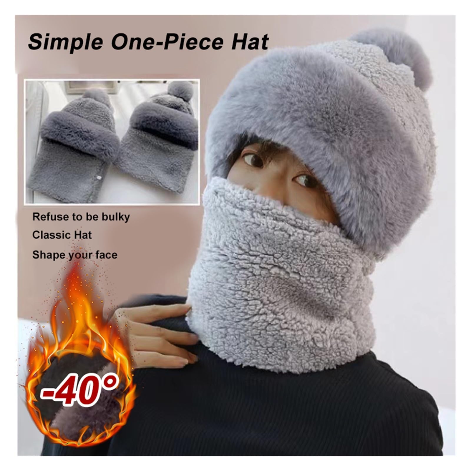 Generisch Winter Scarf Set Hooded for Women Plush Neck Warm Outdoor Ski Windproof Hat Thick Fluffy Beanies(Khaki,4PCS)