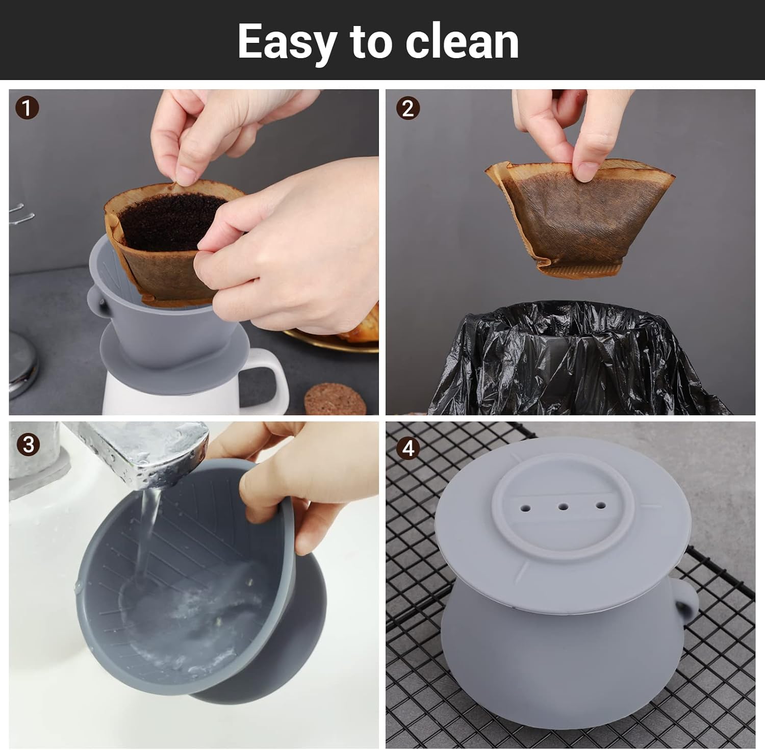 Segarty Silicone Coffee Dripper and Cone Filter Paper, 1PC Gray Pour Over Drip Coffee Maker Cup, 200 Count #2 Disposable Coffee Filters Paper
