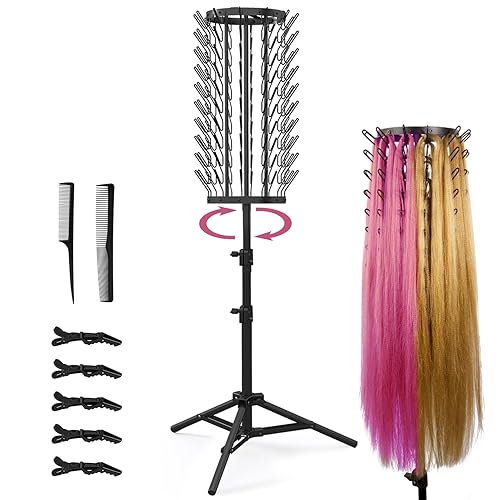 Miniatura 1 de Height Adjustable 360 Rotatable Hair Rack with 120-Pegs Divider for Braiding Hair Extensions, Holder Stand for Stylists and Beauty School Supplies