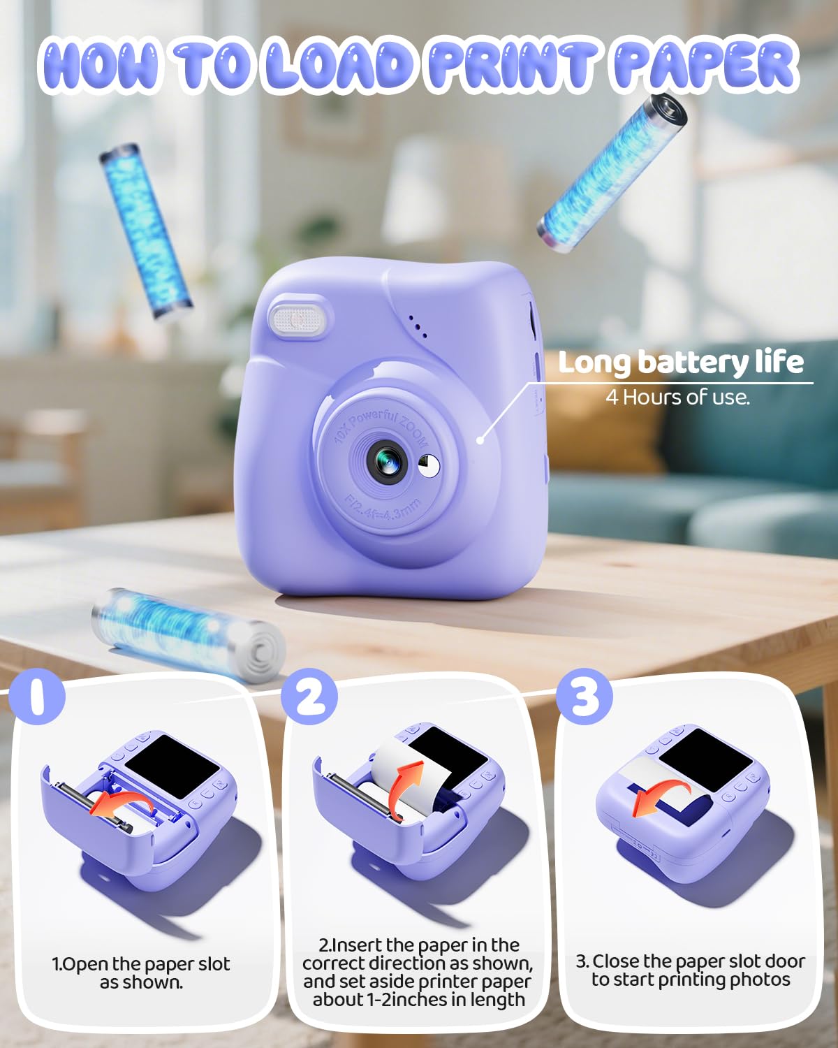 CAMCLID Kinderkamera Sofortbildkamera, 1080P Sofortbildkamera Kinder mit 32GB Karte & 3 Rollen Druckpapier, 48MP Digitalkamera Kinder Kamera, Geschenk für Jungen und Mädchen 3-12 Jahre (Lila)