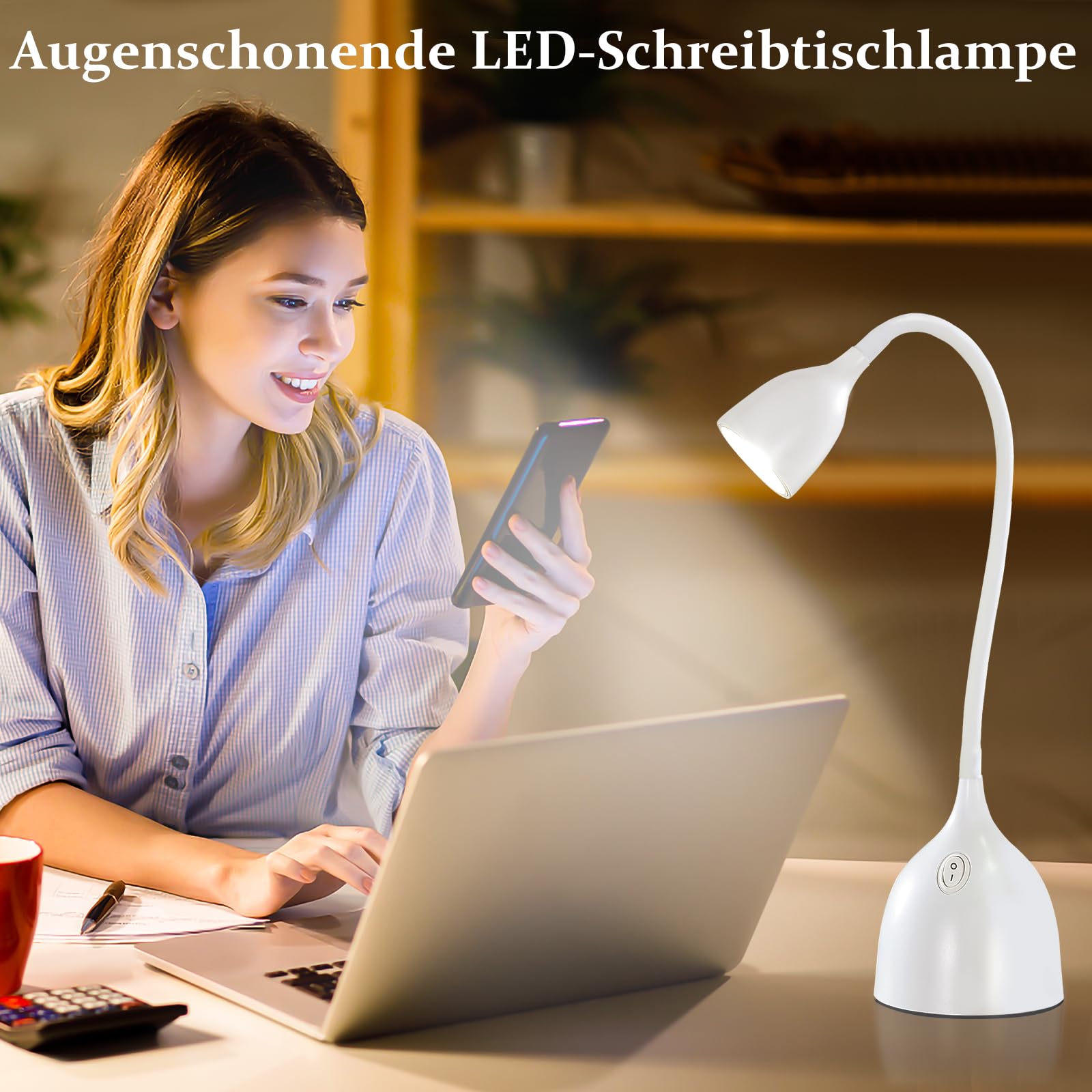 GyroVu Schreibtischlampe Weiß, LED Tischlampe, Klein Einstellbar Flexibler Gänsehals Leselampe, Non-flickering 5000K Schreibtischleuchte Augenschutz für Studentenwohnheim, Büro, Haus