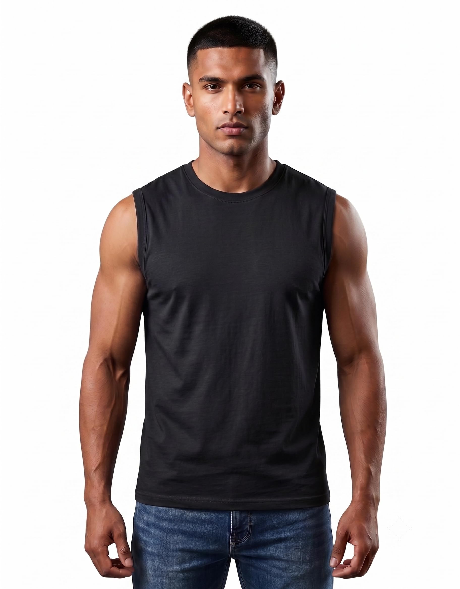 Men's Gym Vest Sleeveless T-Shirt | 100% Cotton 180 GSM Regular Fit Workout Tank Top for Gym Running Training Casual Wear Black-image-22