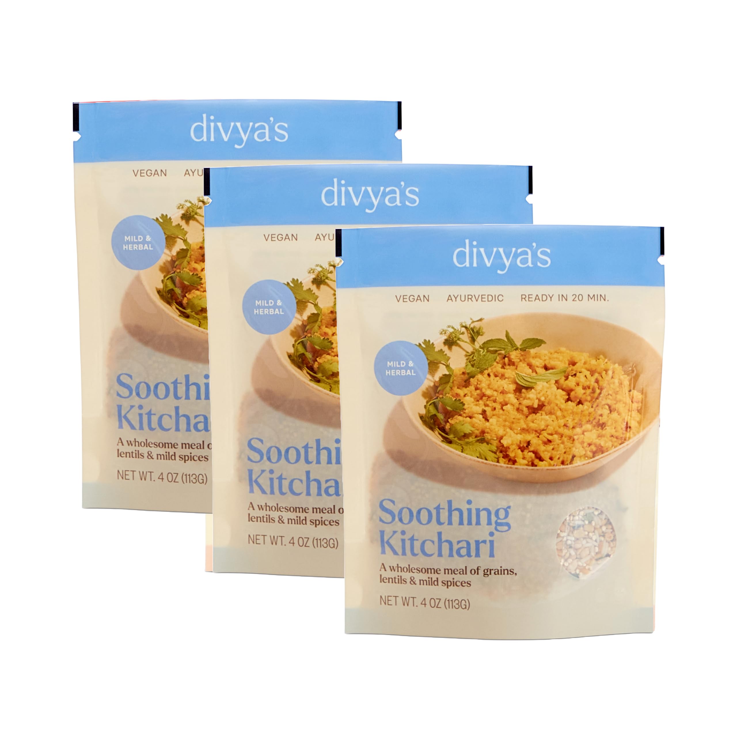 Divya's Soothing Kitchari, Mild & Herbal, One-Pot Ayurvedic Meal with Grains, Lentils, & Spices, Healthy & Nourishing Plant-Based Meal, Vegan, Non-GMO, Gluten Free, Organic, Single Serving 3 Pack