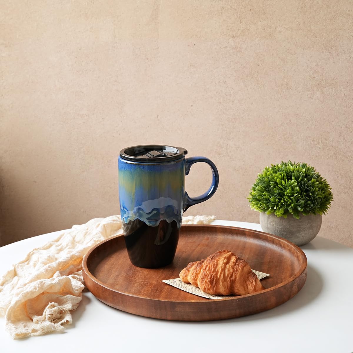 Bosmarlin Ceramic Travel Coffeel Mug with Handle and Lid, 18 oz, Portable Coffee Cup for Car Cup Holder, Microwave and Dishwasher Safe, Reactive Glaze (Blue) - Image 4