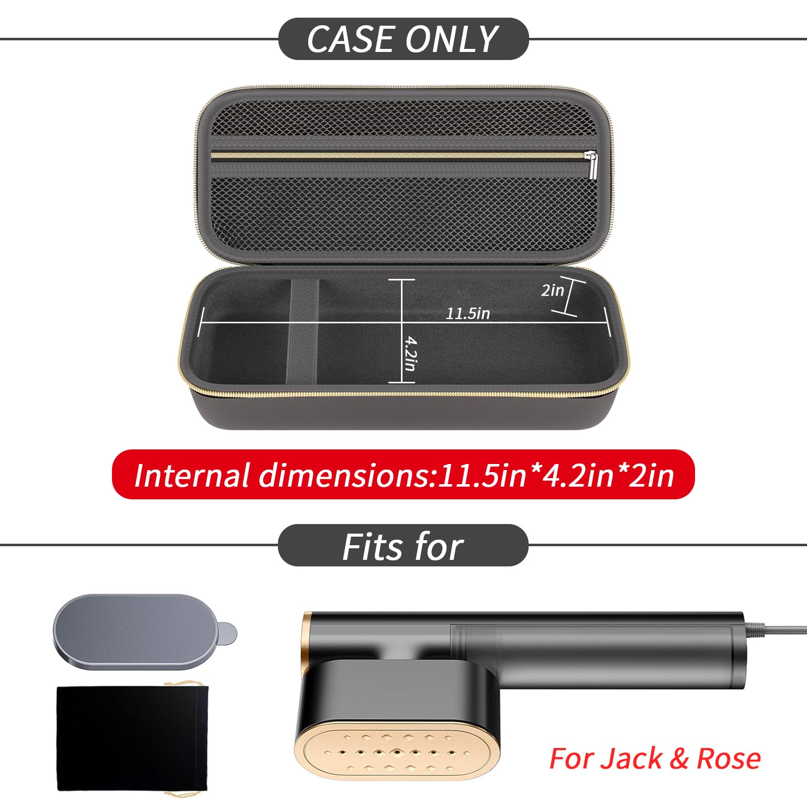 Custodia per vaporiera compatibile con Jack & Rose 100-220 V portatile da viaggio per vestiti, vaporiera portatile e ferro da stiro, borsa organizer con tasca in rete per accessori, solo
