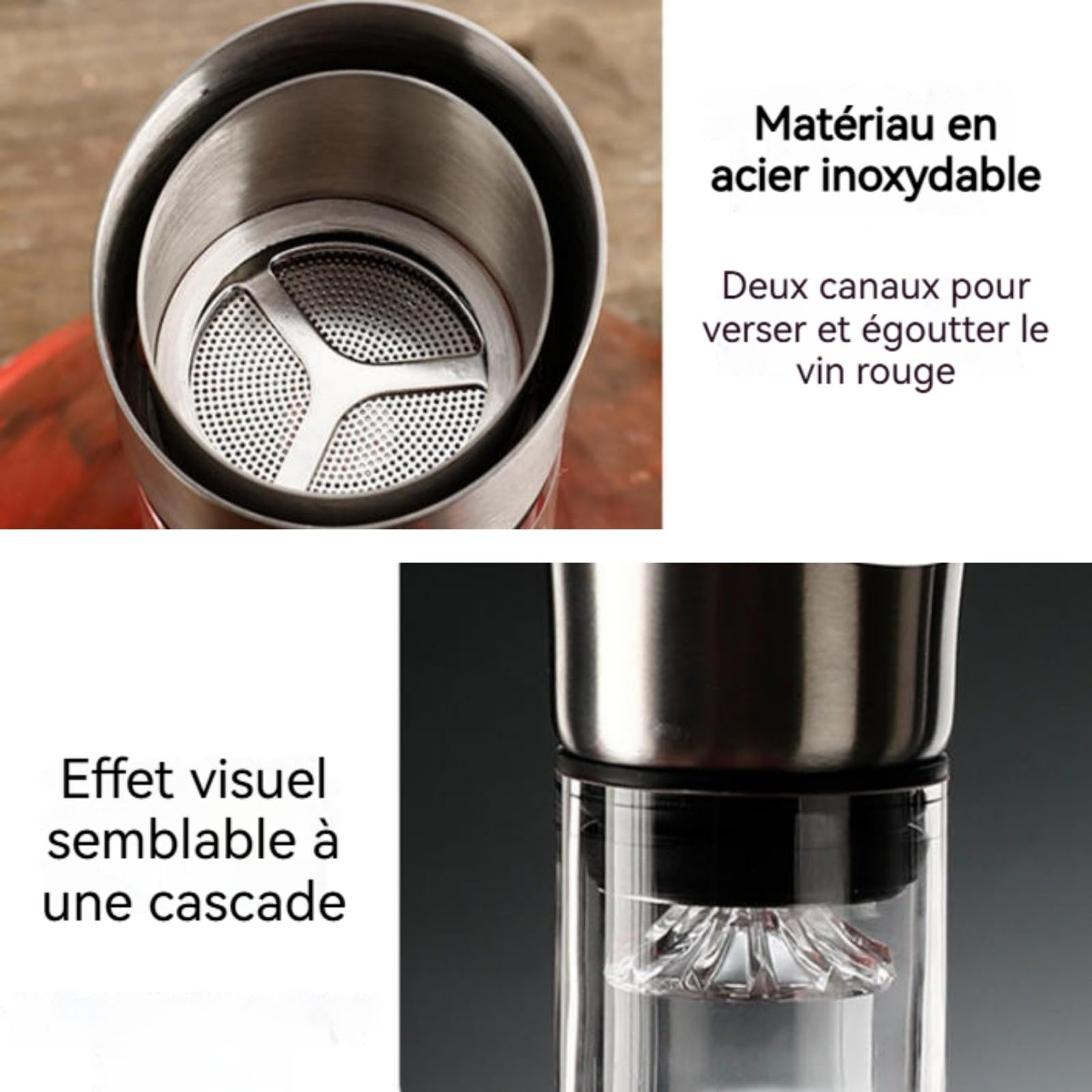 Carafe à Décanter en Verre Cristallin, 1500ml, avec Base Montagne Dorée, Filtre en Acier Inoxydable, Effet Cascade, 21.5x18cm