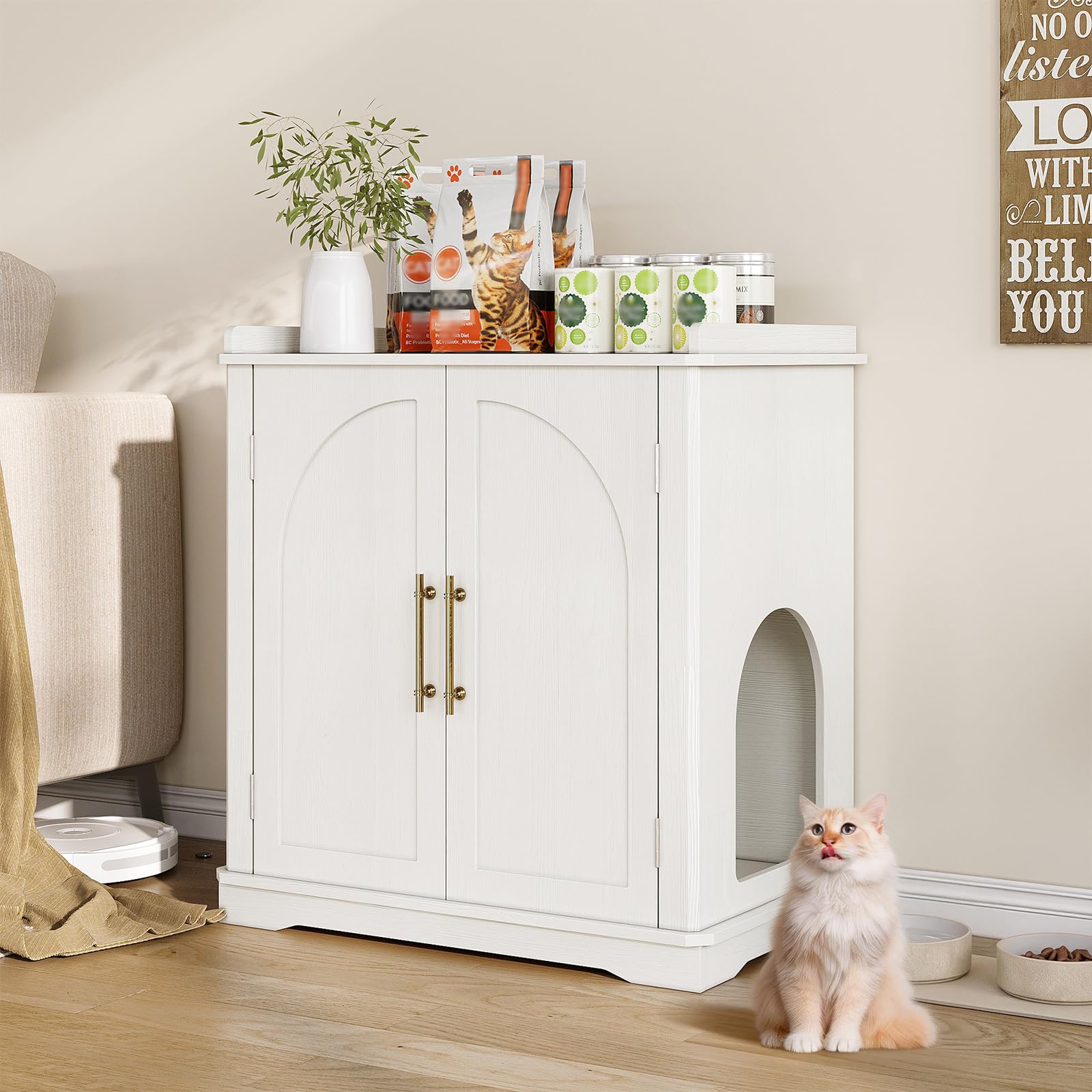 Cat Litter Box Enclosure Furniture, Hidden Litter Box Furniture with Removable Dividers, Reversible Entrance Can Be on Left or Right Side, for Hallway, Bedroom, White, 31.4" L