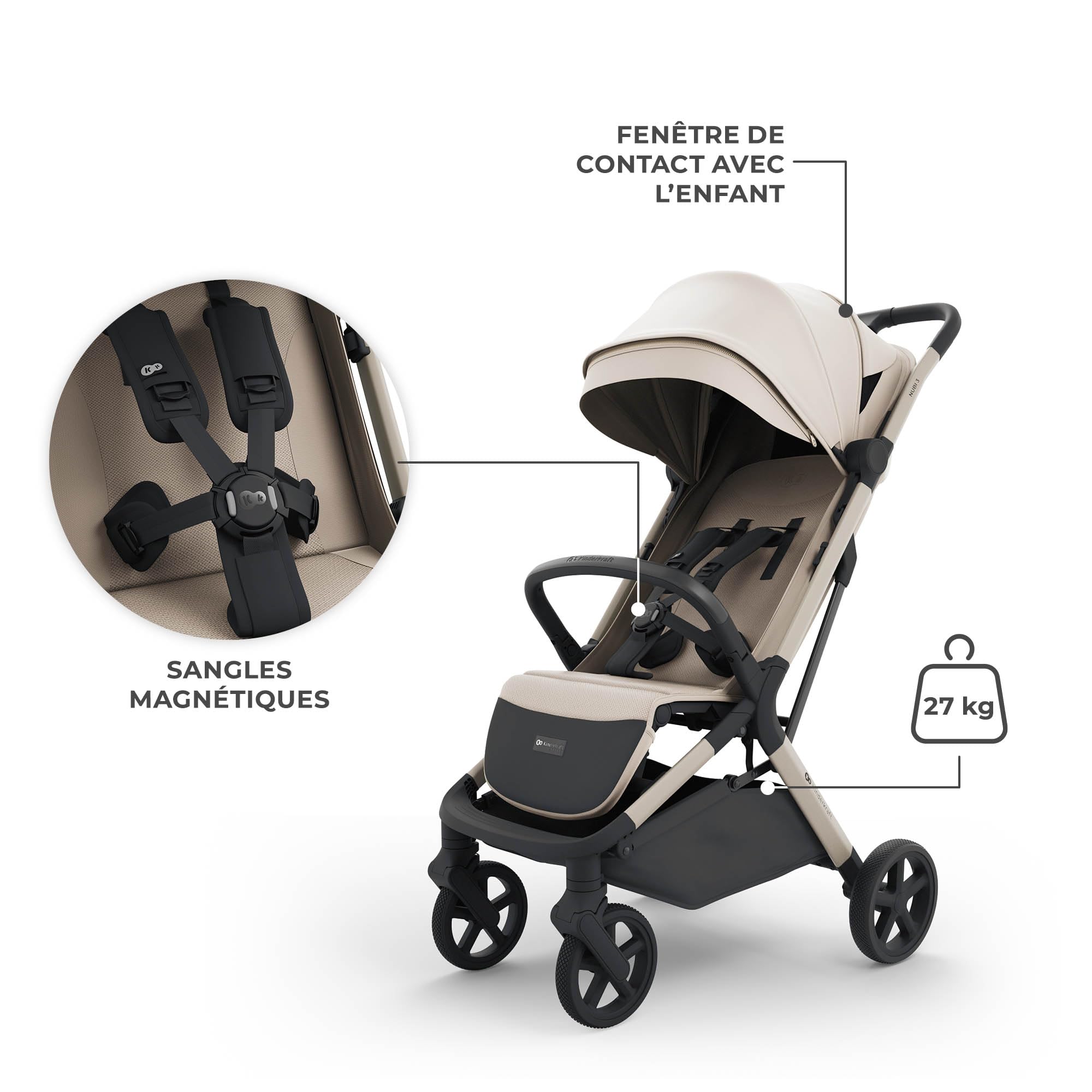 Kinderkraft NUBI 3 Poussette jusqu'à 22 kg, poussette, avec pliage automatique, capote imperméable, filtre UPF 50+, poids léger 8,7 kg, position allongée, harnais de sécurité 5 points, beige