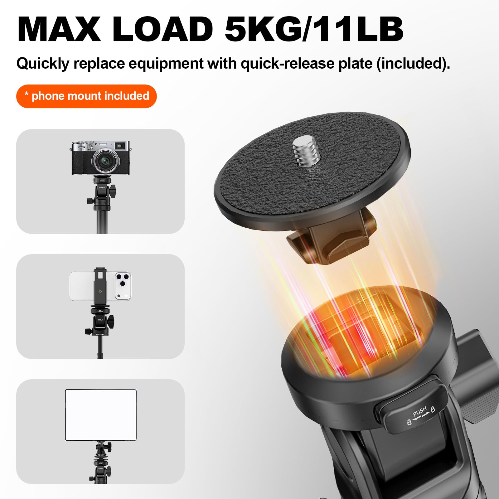 COMAN MT68 - Supporto per luce, apertura automatica, 211,8 cm, regolabile, portatile, per fotografia, treppiede per telefono con testa a sfera a sgancio rapido con vite da 1/4, adatto per Octabox