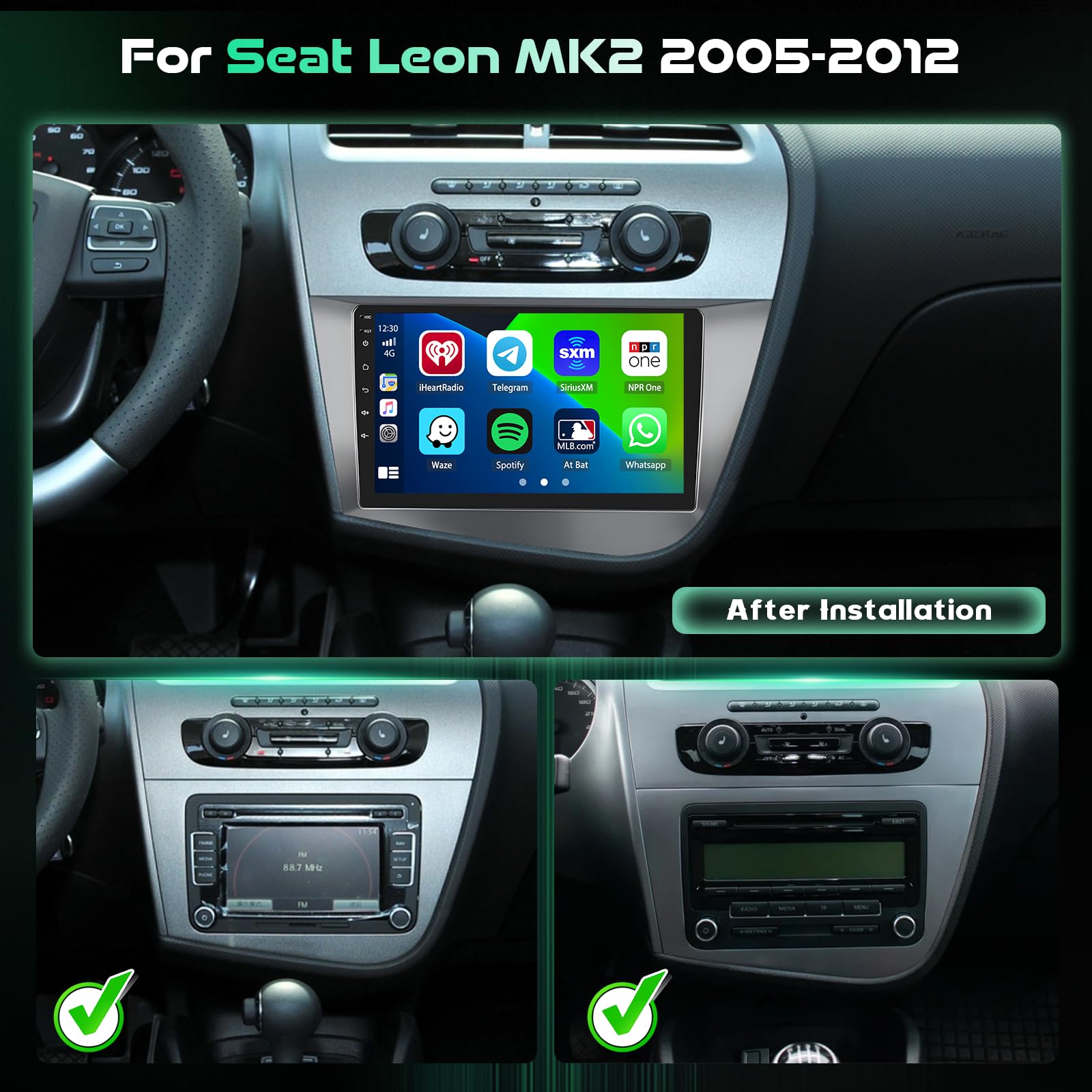 [2G+64G] Inefala Android 15 Radio Coche para Seat Leon MK2 2005-2012 con Wireless Carplay Android Auto, 9" Pantalla Autoradio con GPS WiFi RDS/FM Bluetooth EQ SWC Cámara Trasera Mic