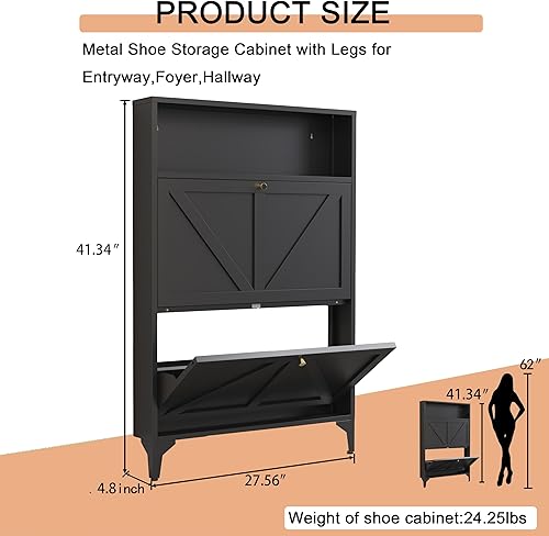 Miniatura 3 de Zapatero con 2 cajones abatibles, organizador de zapatos de granja, gabinete estrecho para zapatos, armario de almacenamiento independiente con