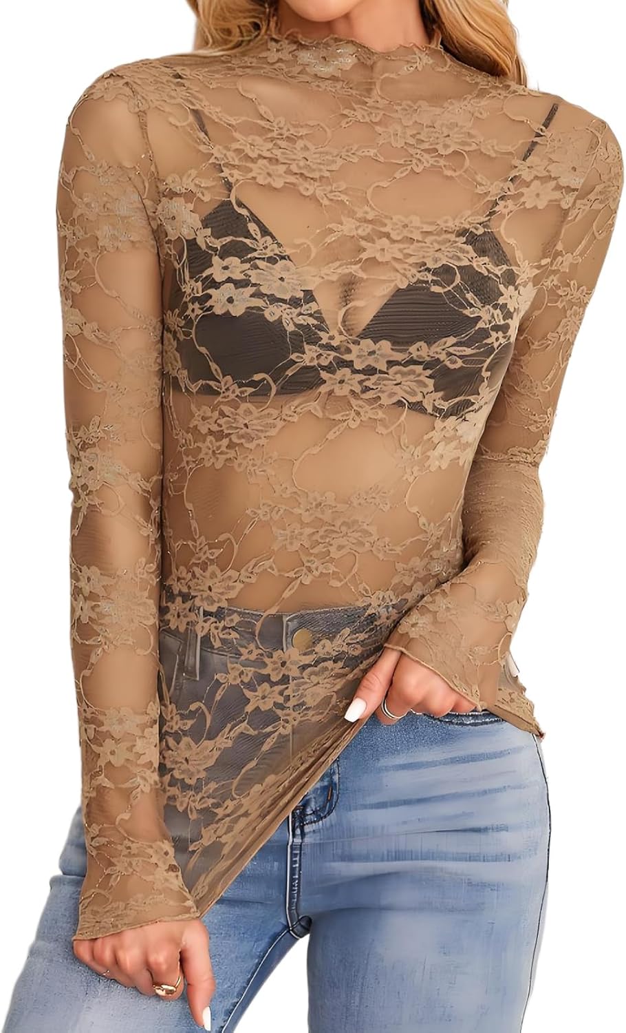 Women's Floral Lace Mesh Long Sleeve Top Mock Neck Sheer See Through Fitted Blouse for Party Club Night Out Layering Shirt