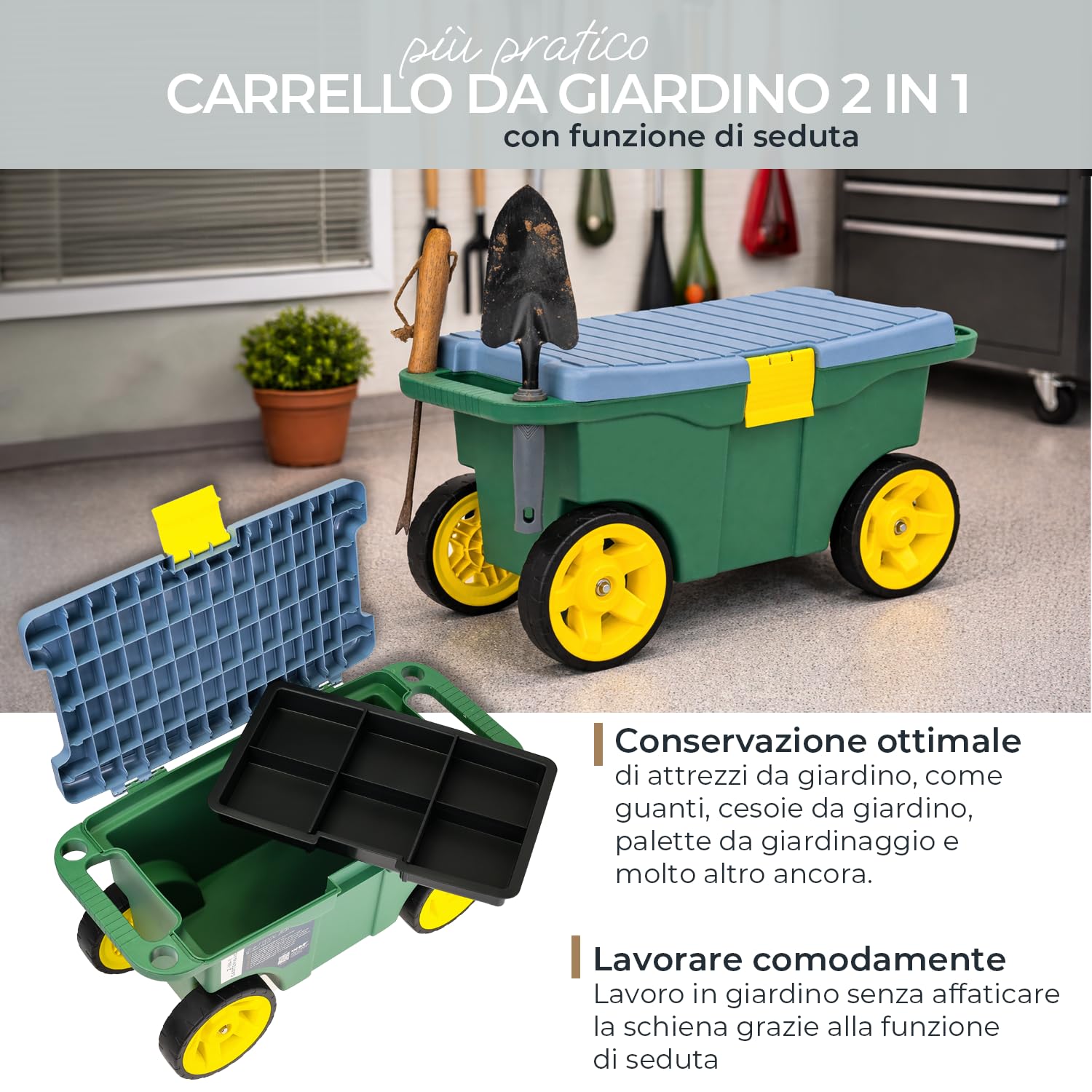 HMF Carrello da giardino 2 in 1 con seduta e vano portaoggetti, sgabello da giardino con ruote grandi, sedile girevole per giardinaggio fino a 100 kg, 55 x 26,5 x 29,5 cm, verde