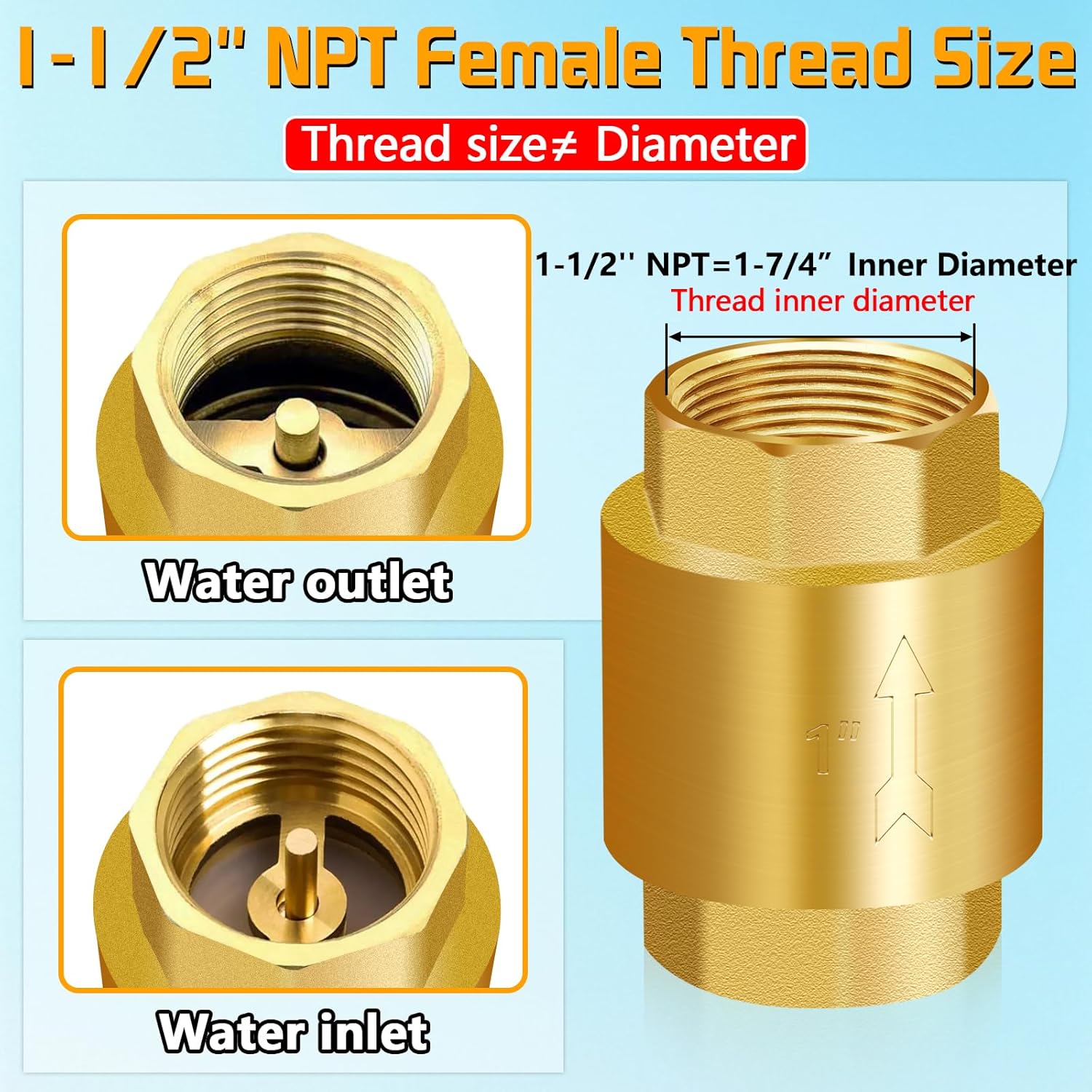 Boltigen Solid Brass Spring Check Valve, 1-1/2 Inch NPT Female Thread Non Return One Way Horizontal Vertical In-Line Water Check Valve for Well, Pump, Tank, Backflow Preventer