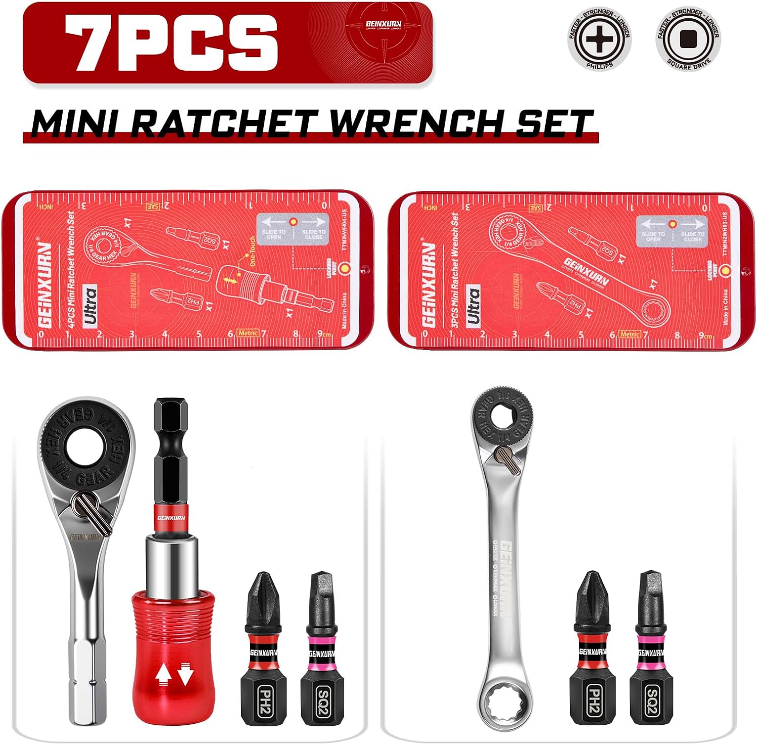 Geinxurn Mini Ratchet Wrench Set, 72 Teeth 1/4" Ratchet Wrench For Tight Spaces, Magnetic Locking Bit Holder and Mini Socket Ratchet Comes in a Push-Pull Tin Case, Ideal for Repair and DIY projects