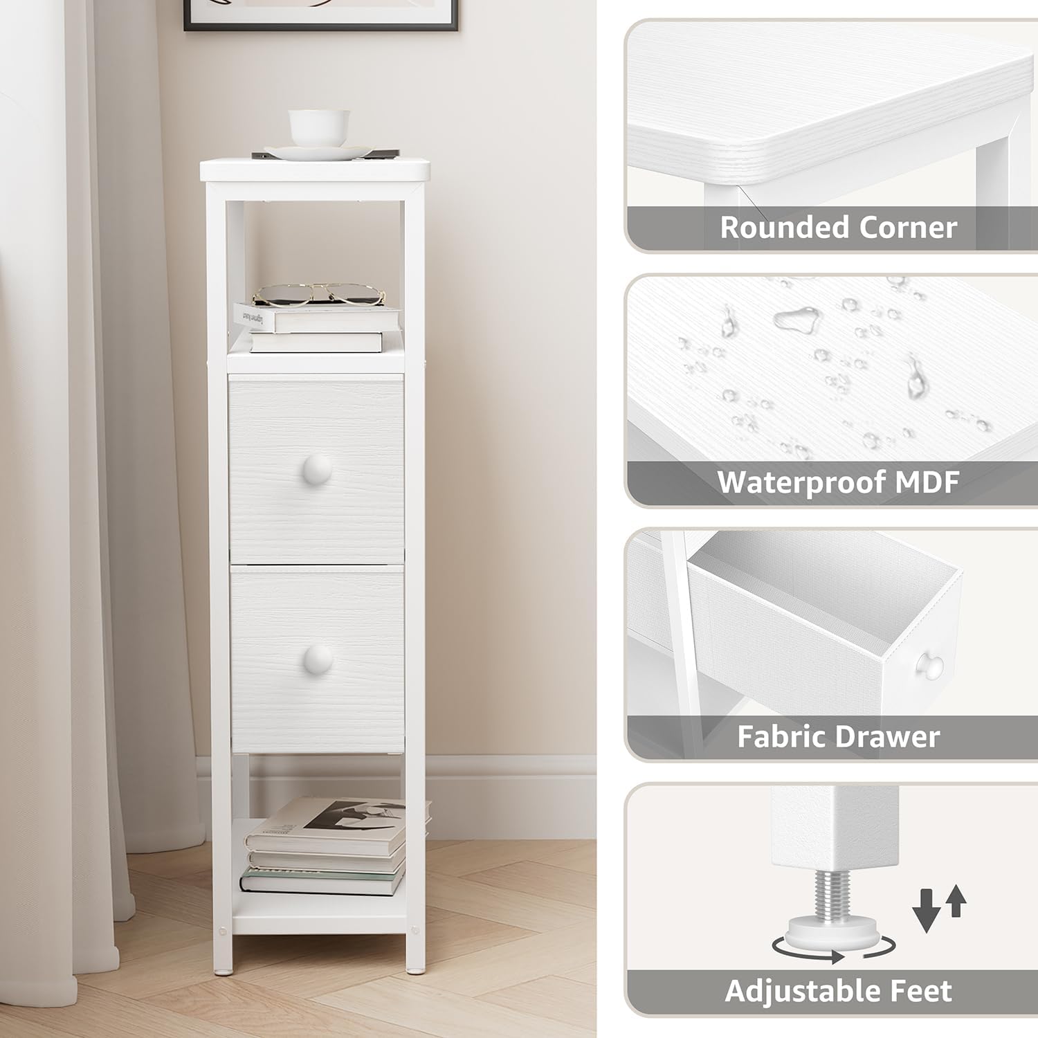 Narrow Nightstands Set 2 - Skinny Side Table Slim Night Stand for Small Space Bedroom Thin Bedsides Tables with 2 Drawers, White - Image 7