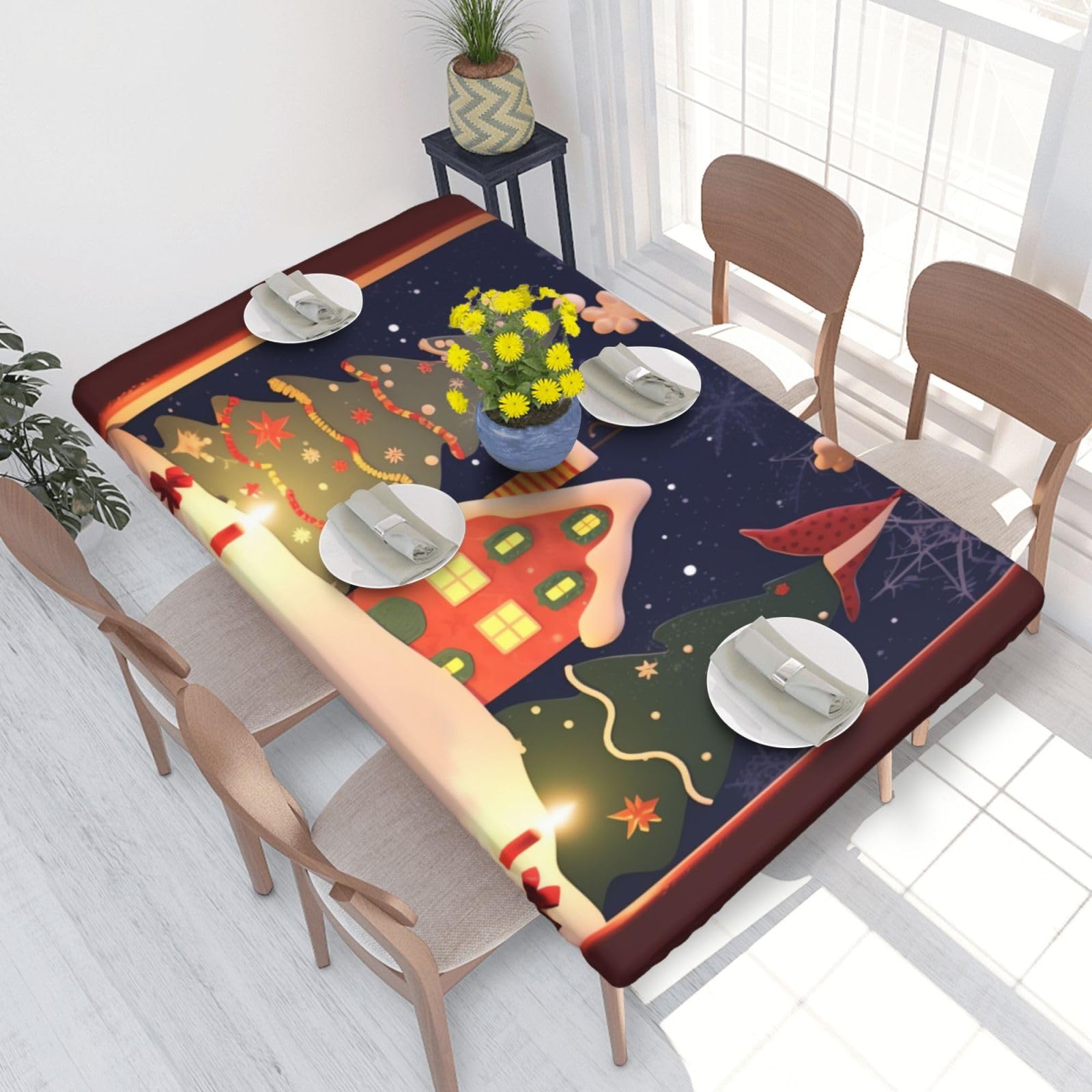 Merry Christmas Picture Waterproof Square Table Cover Elastic Fitted Tablecloth Oil Proof Table Protector For 4ft Table