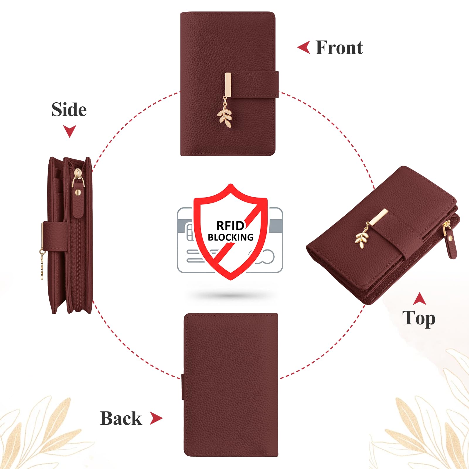LUROON Portafoglio Medio Donna Pelle con Blocco RFID Portamonete Donna con Slot per Carte, Scomparto per Monete Portafoglio Pelle Tanti Scomparti