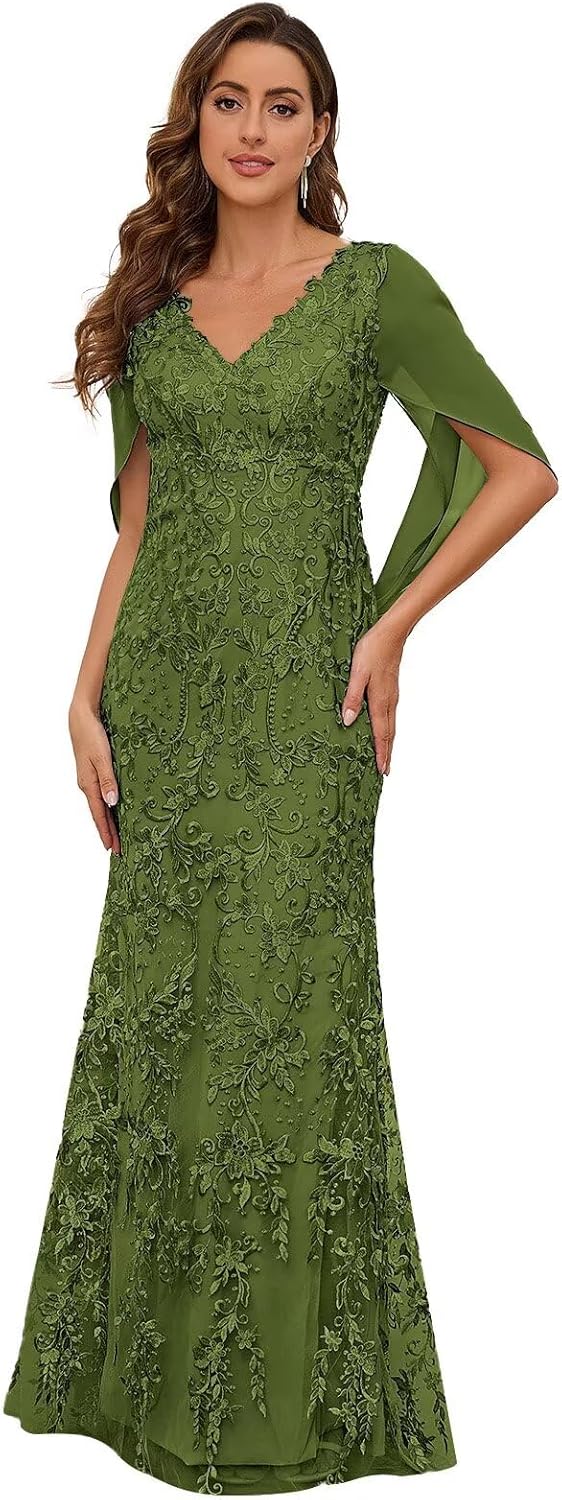 Lace Mermaid Mother of The Bride Dresses for Women Long V Neck Chiffon Formal Evening Gowns with Sleeves