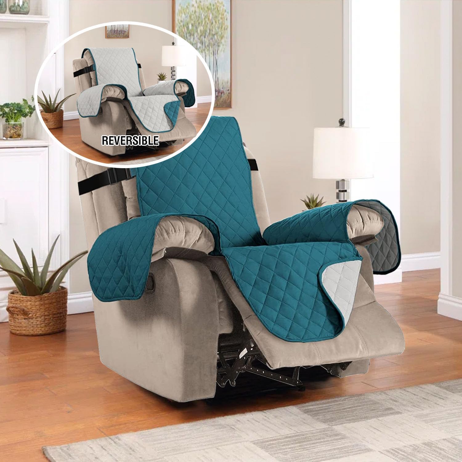 H.VERSAILTEX Reversible Quilted Recliner Covers Recliner Chair Cover Water Resistant Furniture Protector Washable Couch Cover with Elastic Straps for Kids, Pets (Recliner, Dark Teal/Beige)