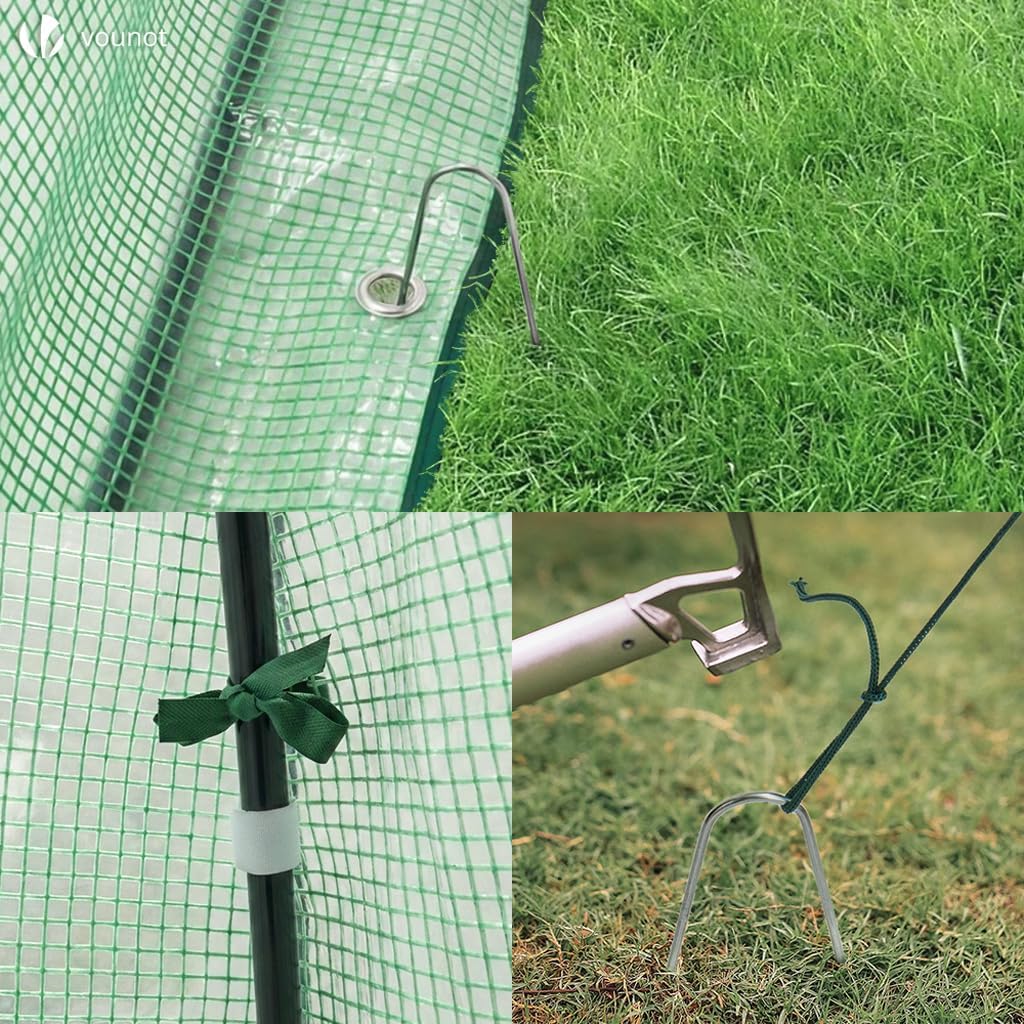 Images showing how to secure the greenhouse cover with nylon ties and anchor the base with stakes.